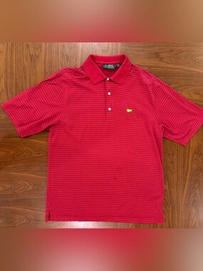 Masters Red Striped Polo with Yellow Flag Logo Men’s Size Medium Pima Cotton